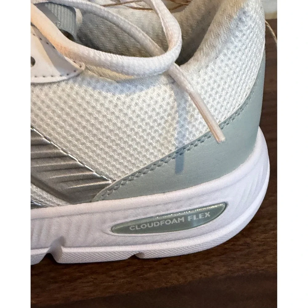Adidas Cloudfoam Flex Laces Womens •8• White Silver Running Shoes Athleisure Gym